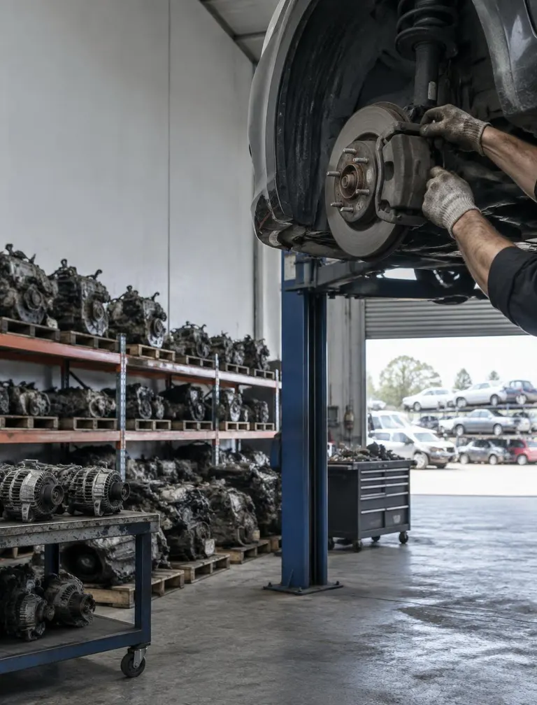 Mechanic carrying out brake repairs in the Smithfield workshop beside shelves of used auto parts